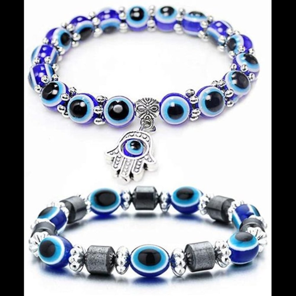 2Pcs Evil Eye Blue Hamsa Hand Bracelets Buddha Beads Volcanic Stone Colorful